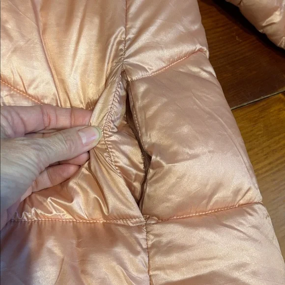 MAYORAL Spain 7 Peach Satin-Lined Jacket Fur Lined Hood High Sheen Puffer Trench